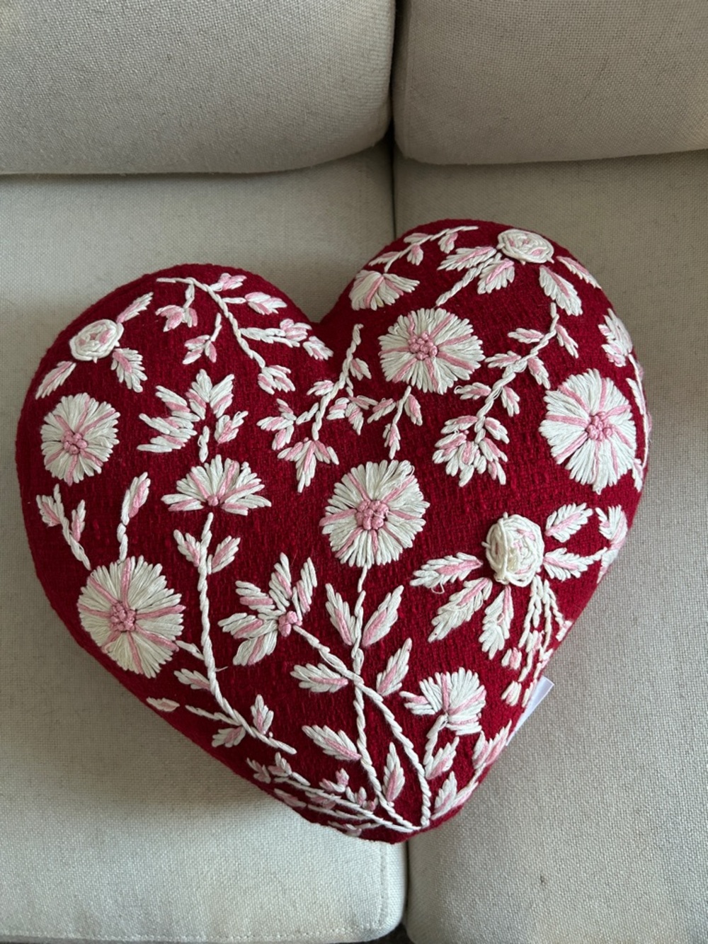 Heart-Shaped Embroidered Throw Pillow - Red with Cream & Pink Flowers